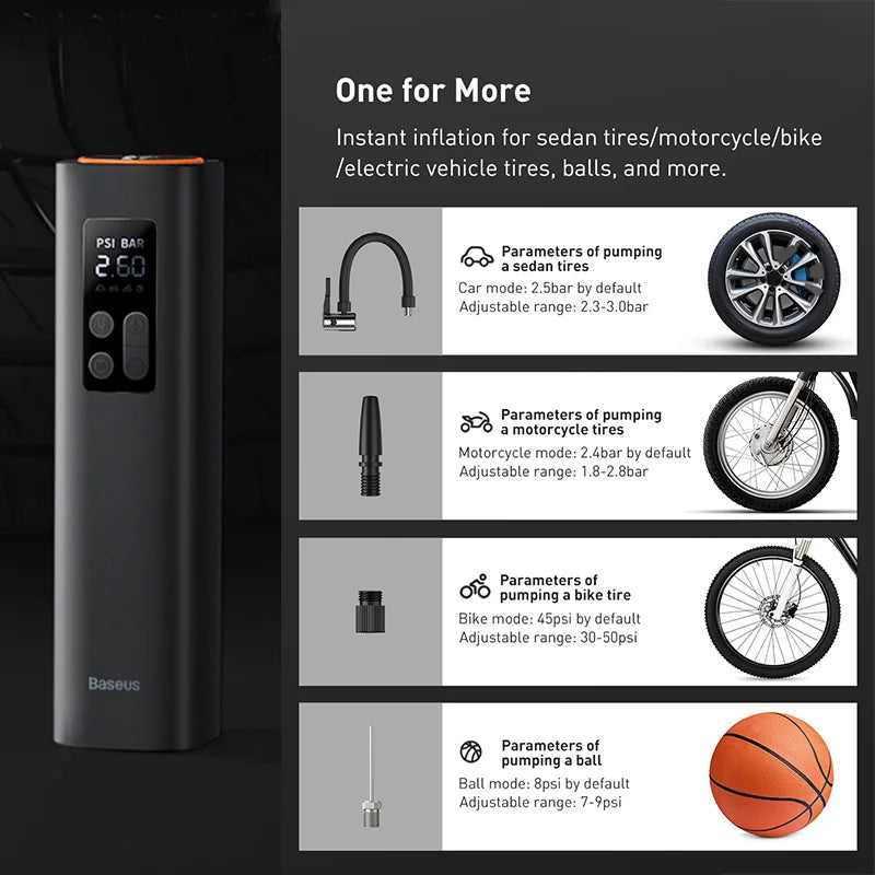 Baseus Mini Car Air Compressor 12V 150PSI Portable Car Tire Inflator Smart Digital Inflatable Pump For Car Bicycle Boat Air Pump One year warranty