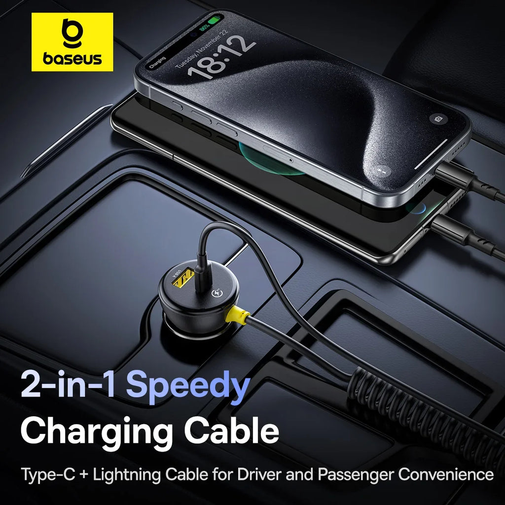 Baseus 60W Car Charger Retractable Spring Cable Fast Charging For iPhone Samsung  One year warranty