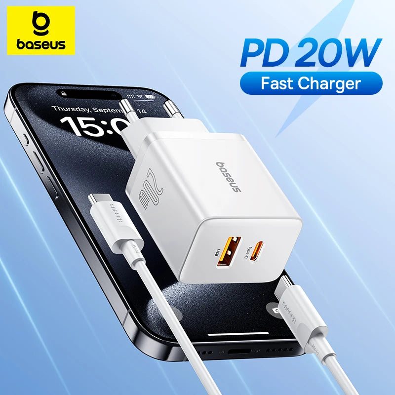 Baseus 20W USB Charger Dual Charging Port Support Type C PD Fast Charging Phone Charger For iPhone One year warranty