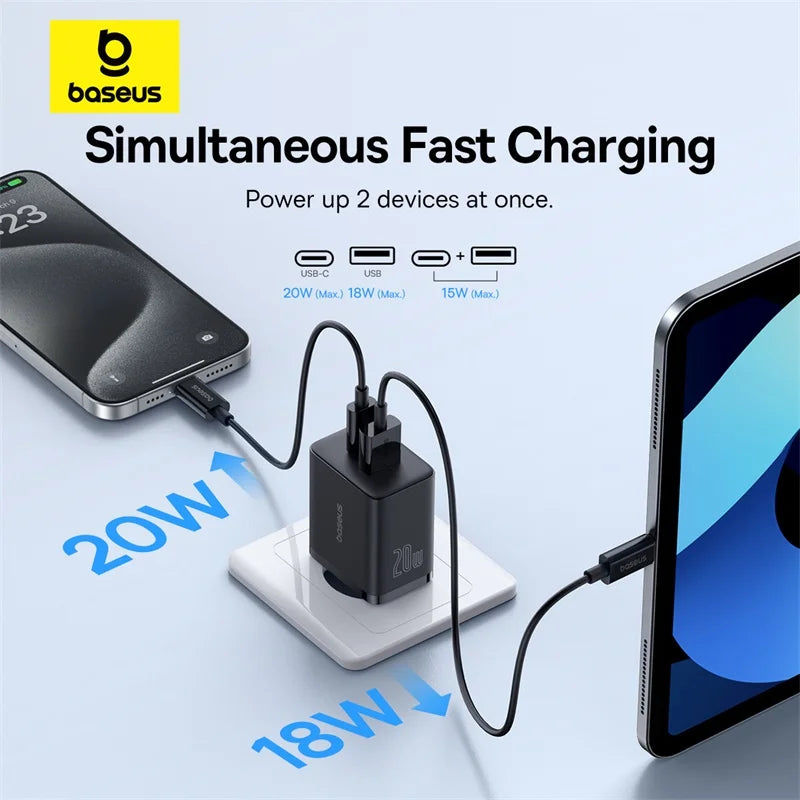 Baseus 20W USB Charger Dual Charging Port Support Type C PD Fast Charging Phone Charger For iPhone One year warranty