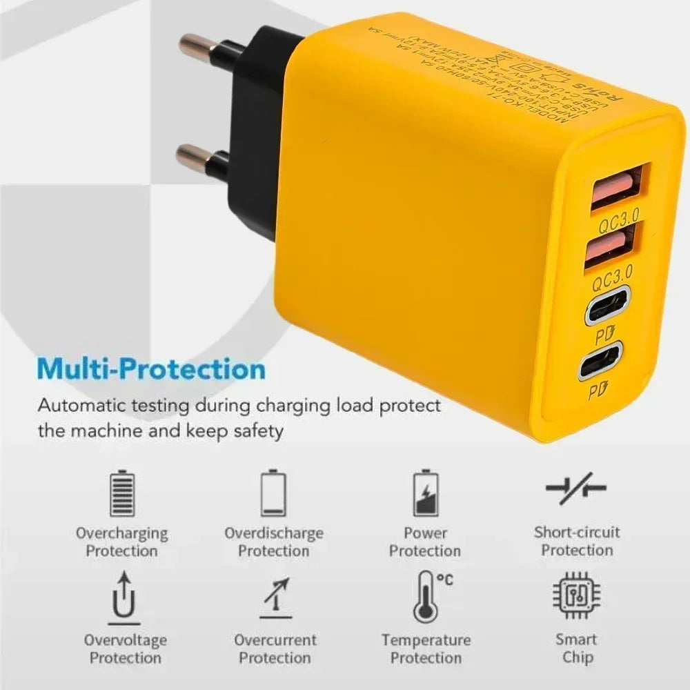 120W Fast Charging 4 Ports Mobile Phone Charger QC3.0 USB Type C Chargers Dual PD   One year warranty