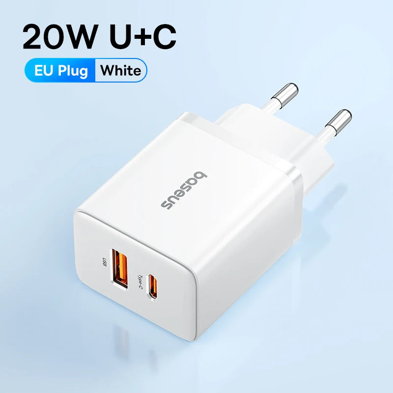 Baseus 20W USB Charger Dual Charging Port Support Type C PD Fast Charging Phone Charger For iPhone One year warranty