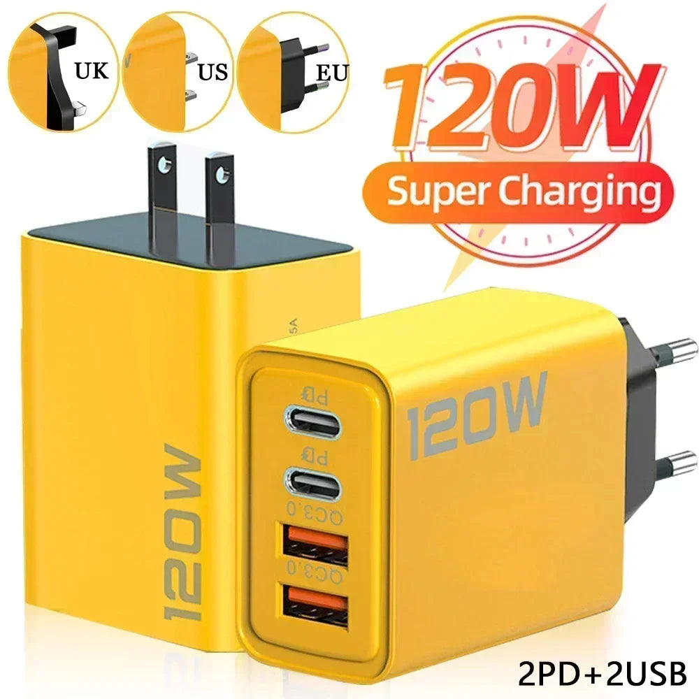 120W Fast Charging 4 Ports Mobile Phone Charger QC3.0 USB Type C Chargers Dual PD   One year warranty