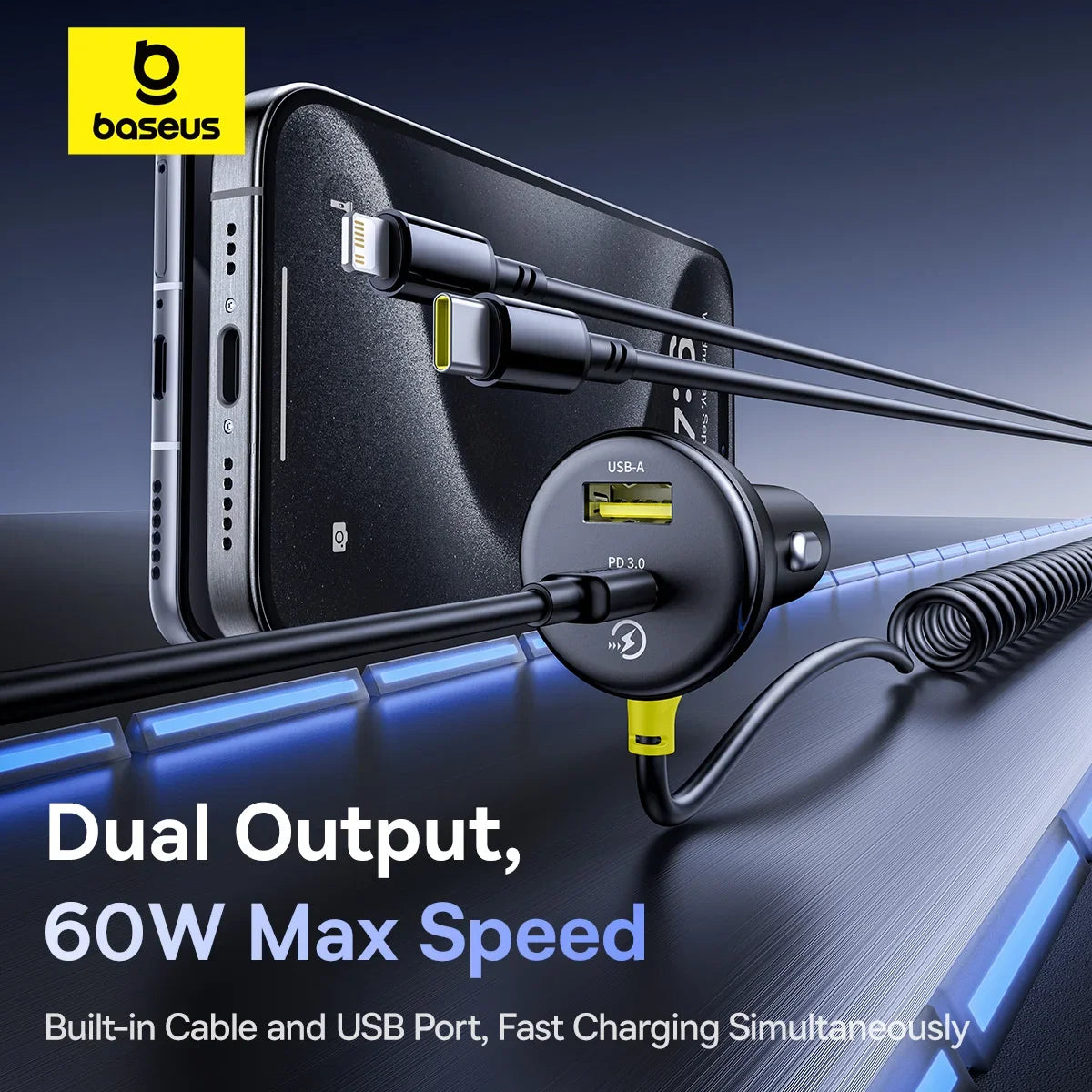 Baseus 60W Car Charger Retractable Spring Cable Fast Charging For iPhone Samsung  One year warranty