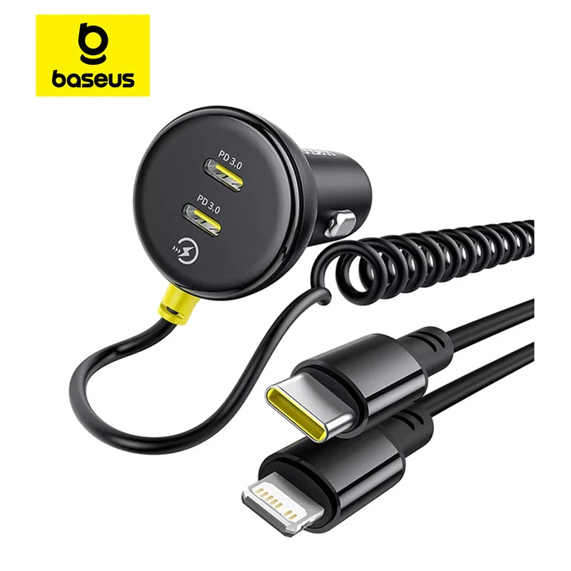 Baseus 60W Car Charger Retractable Spring Cable Fast Charging For iPhone Samsung  One year warranty
