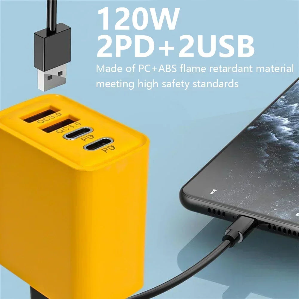 120W Fast Charging 4 Ports Mobile Phone Charger QC3.0 USB Type C Chargers Dual PD   One year warranty