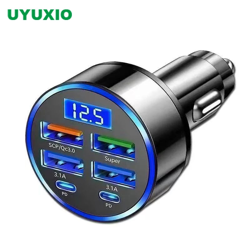 UYUXIO 6 in 1 USB C Car Phone Charger Adapter with Voltage Display Super Fast Charge in Car for iPhone Samsung One year warranty