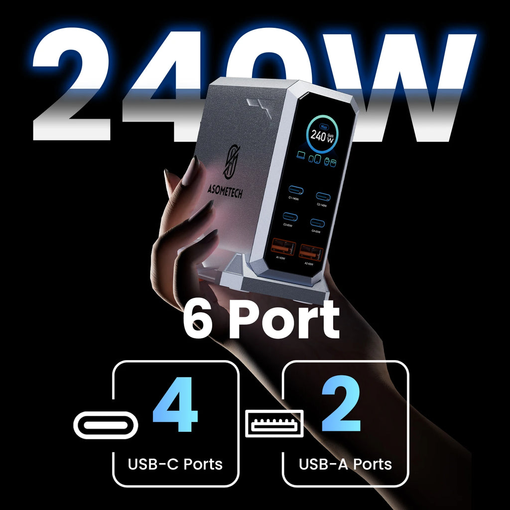 240W GaN Charger PD3.1 140W USB Type C 6 Ports PPS PD Desktop Fast Charging Station for MacBook Laptops Tablet iPhone Samsung One year warranty