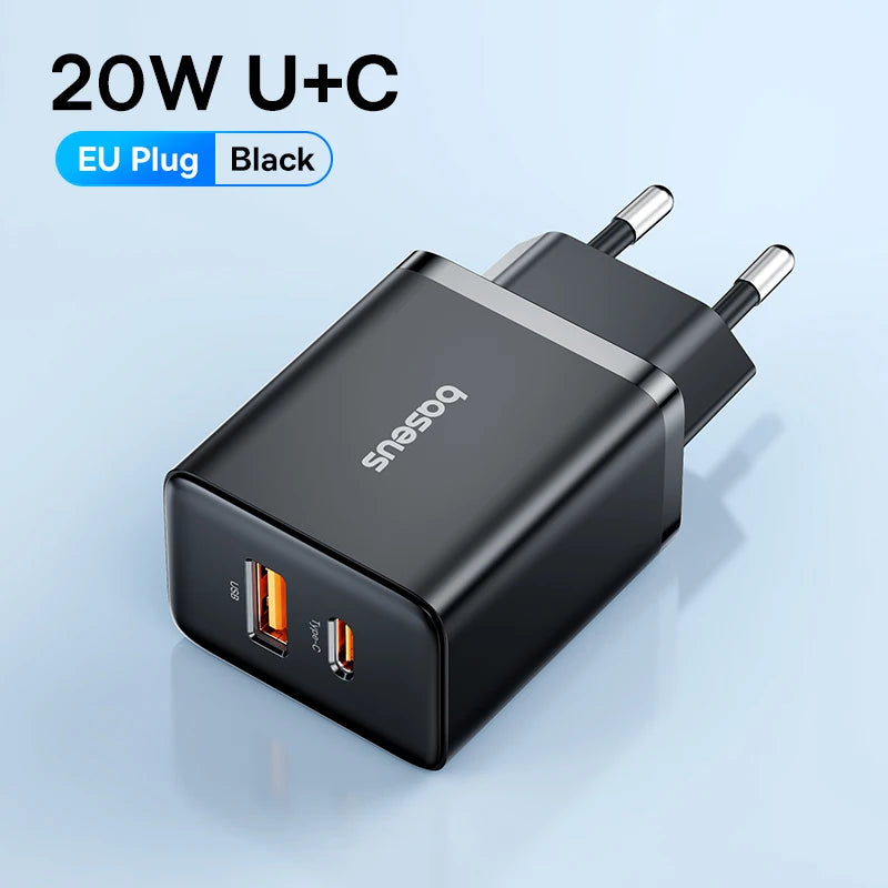 Baseus 20W USB Charger Dual Charging Port Support Type C PD Fast Charging Phone Charger For iPhone One year warranty