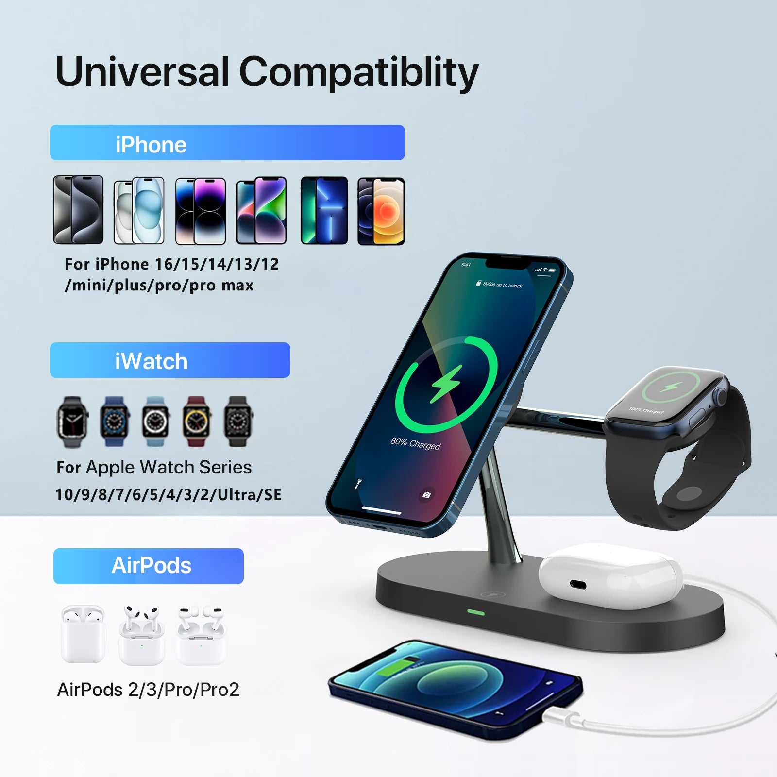 3 in 1 Wireless Charger Stand For iPhone Fast Charging Station for Apple Watch  One year warranty